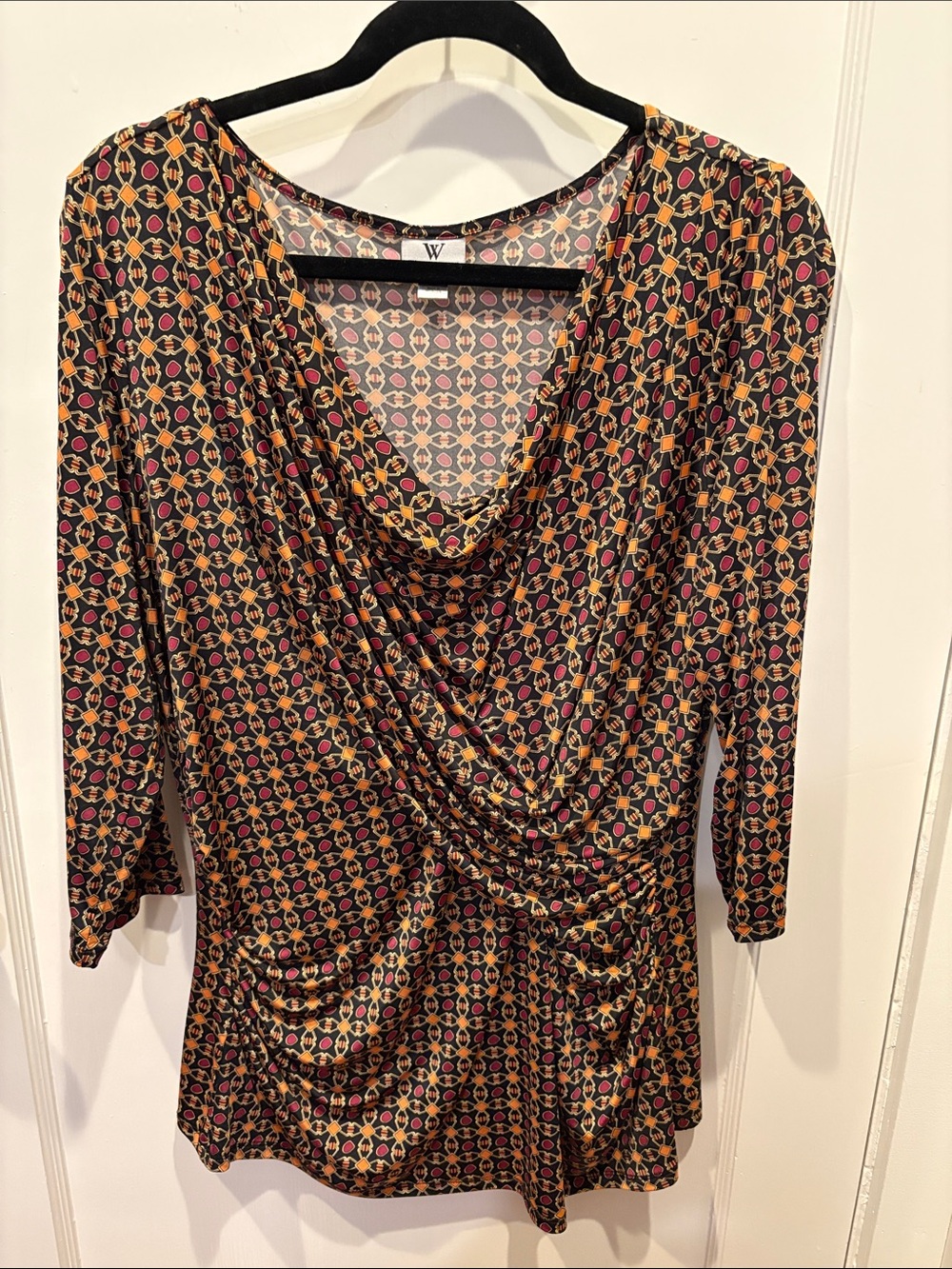 Worthington Black Tunic with Gold and Maroon Geometric Print Top BN534